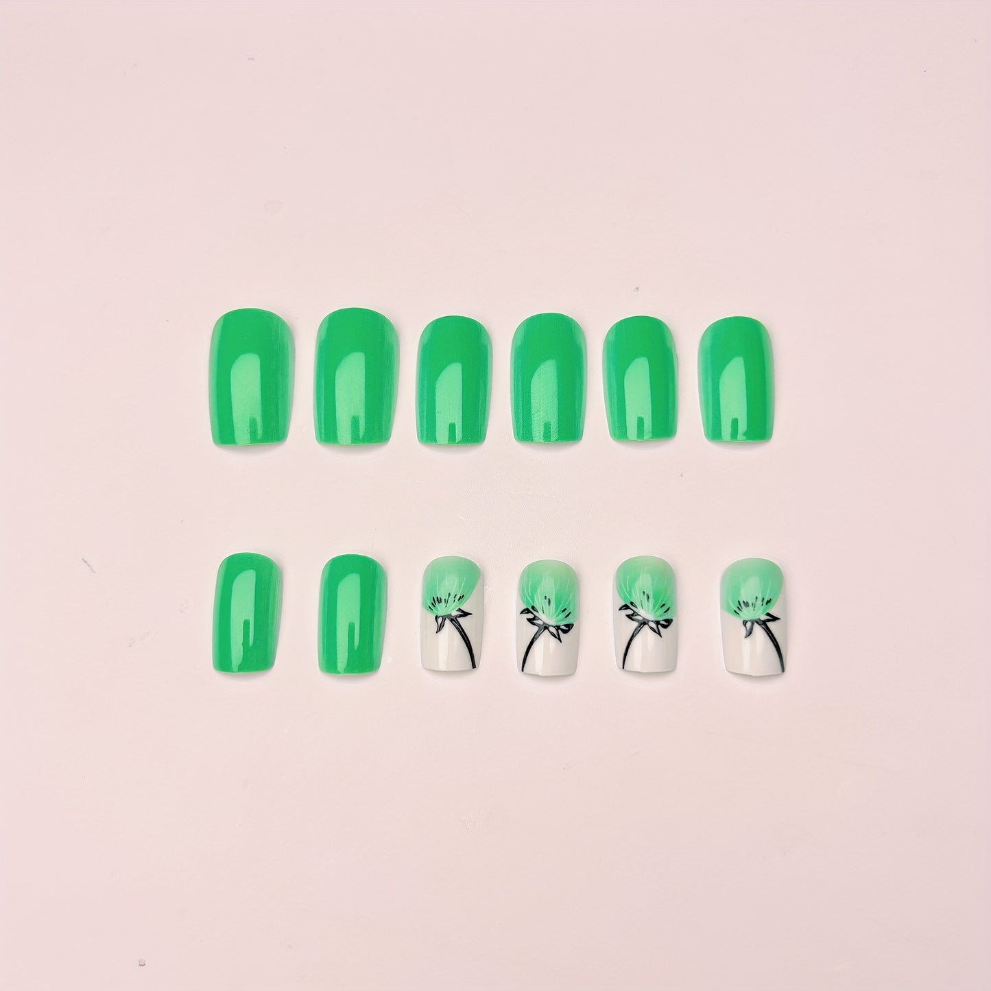 24-Piece Press-On Nail Set, Green & White Square Shape, Medium Length, with Green Dandelion Design, Glossy Finish, Removable & Reusable, Beauty & Personal Care, Nail Art Accessories