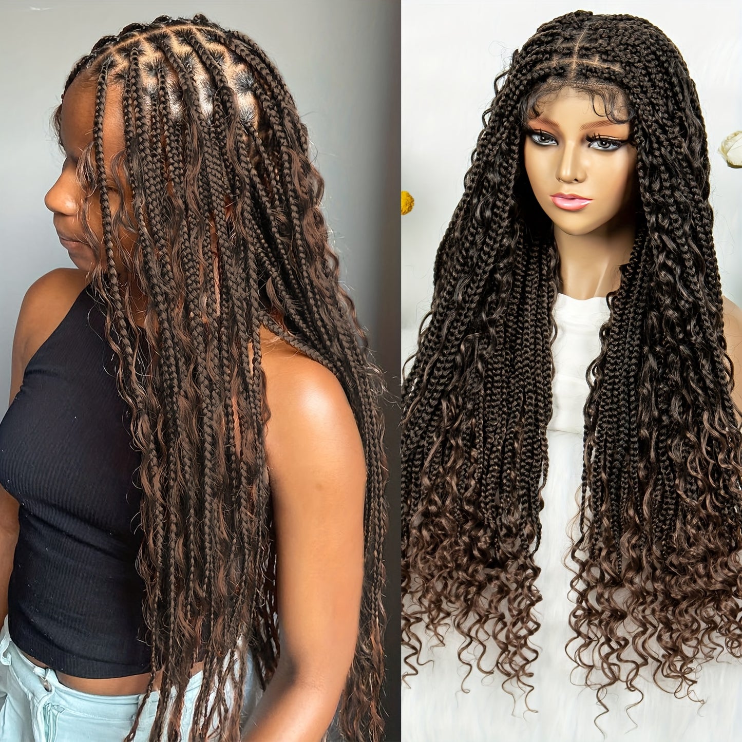 Brisky Beauty Women's Bohemian Knotless Braided Full Lace Wig, Long Goddess Braided Wig, Curly Synthetic Braid, With Baby Hair, Synthetic Bohemian Braided Wig