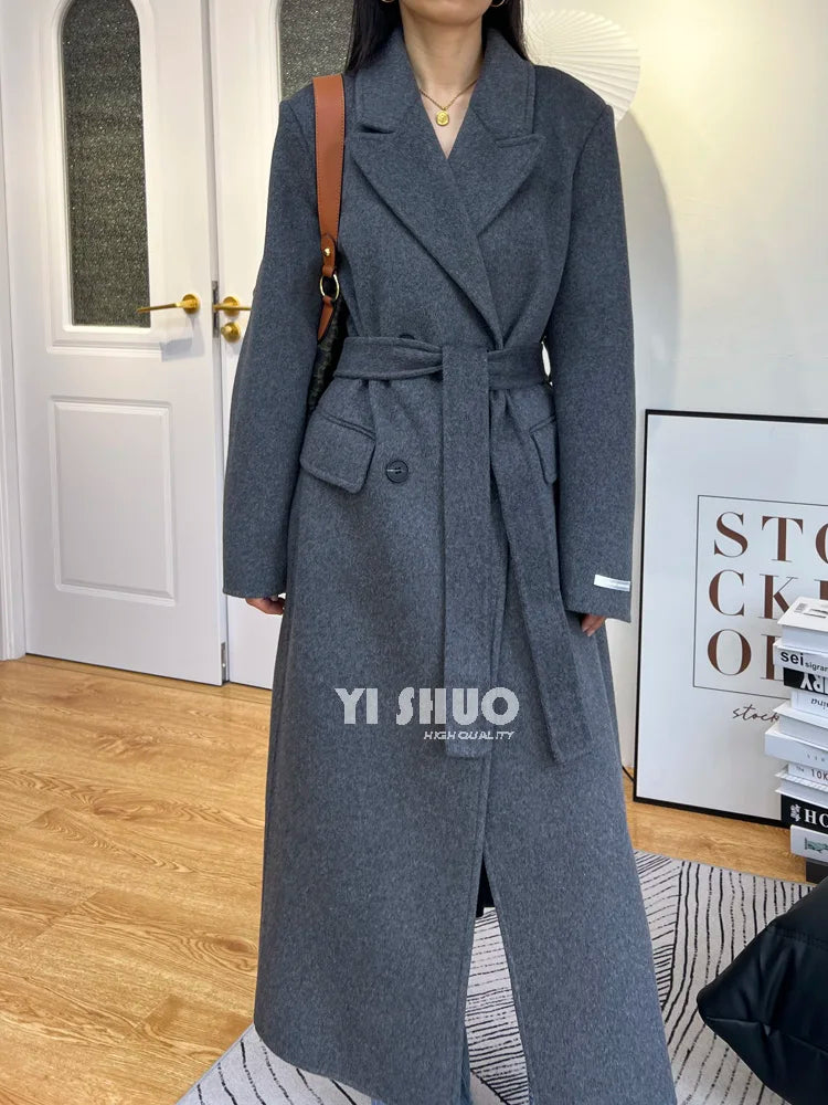 2025 New Women Elegant White Long Below The Knee Woolen Coat Winter Female High Sense Fashion Double-breasted Thicken Outwear