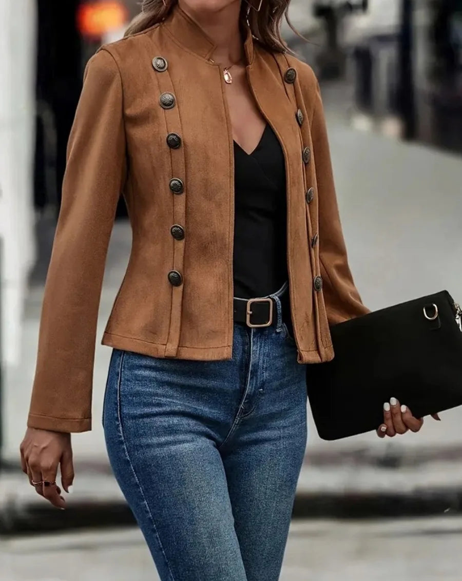Womens Faux Suede Jacket Open Front Jacket Coat Double-Breasted Buttons Casual Outerwear