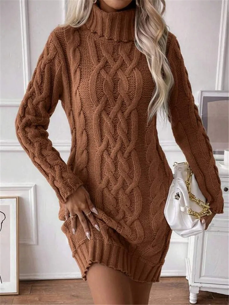 Winter Clothes Woman Pulls Femmes High Neck Vestidos Slim Fit Sweater Knitted Long Sleeve Dress All-match Simple Style Commuting
