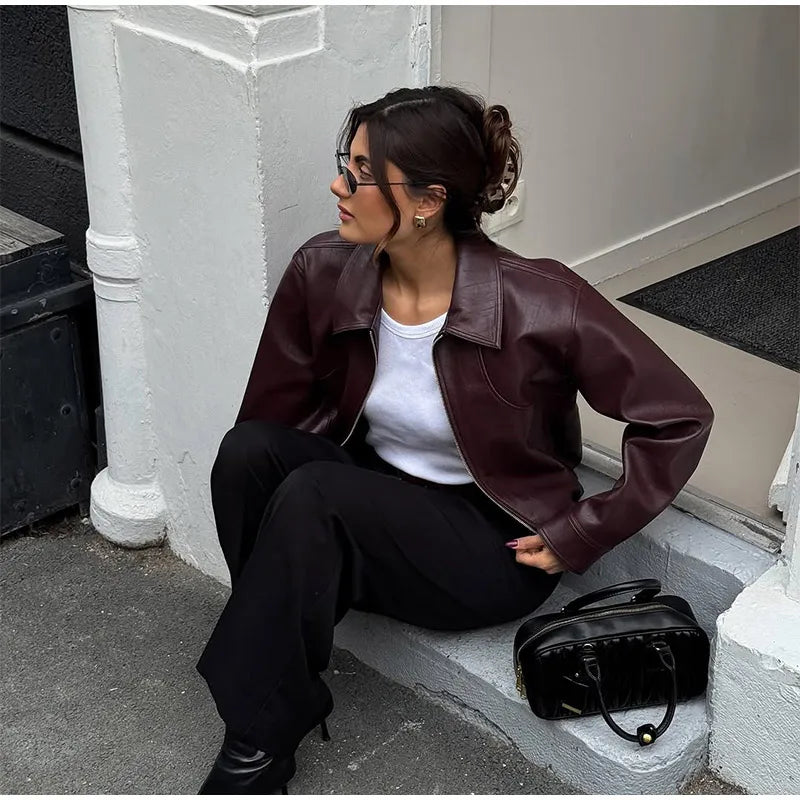 Ladies' burgundy PU leather short jacket fashionable autumn lapel jacket zipper high street loose leather jacket