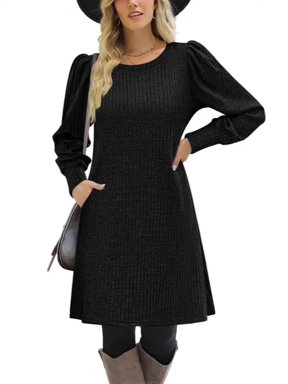 Elegant Dresses for Woman Ribbed Knit Sweater Dress Round Neck Puff Long Sleeves Casual Warm for Autumn and Winter