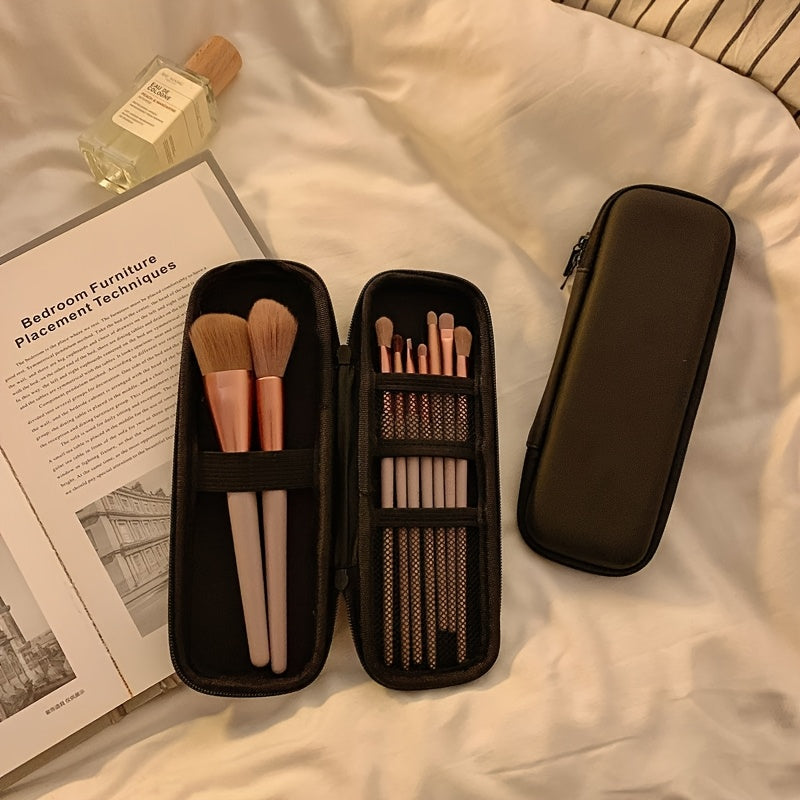 Large Capacity Travel Makeup Brush Organizer Bag - Waterproof PU, Dust-Proof Storage for Eye Shadow & Beauty Tools, Black, Easy to Clean, Portable Design with Multiple Compartments