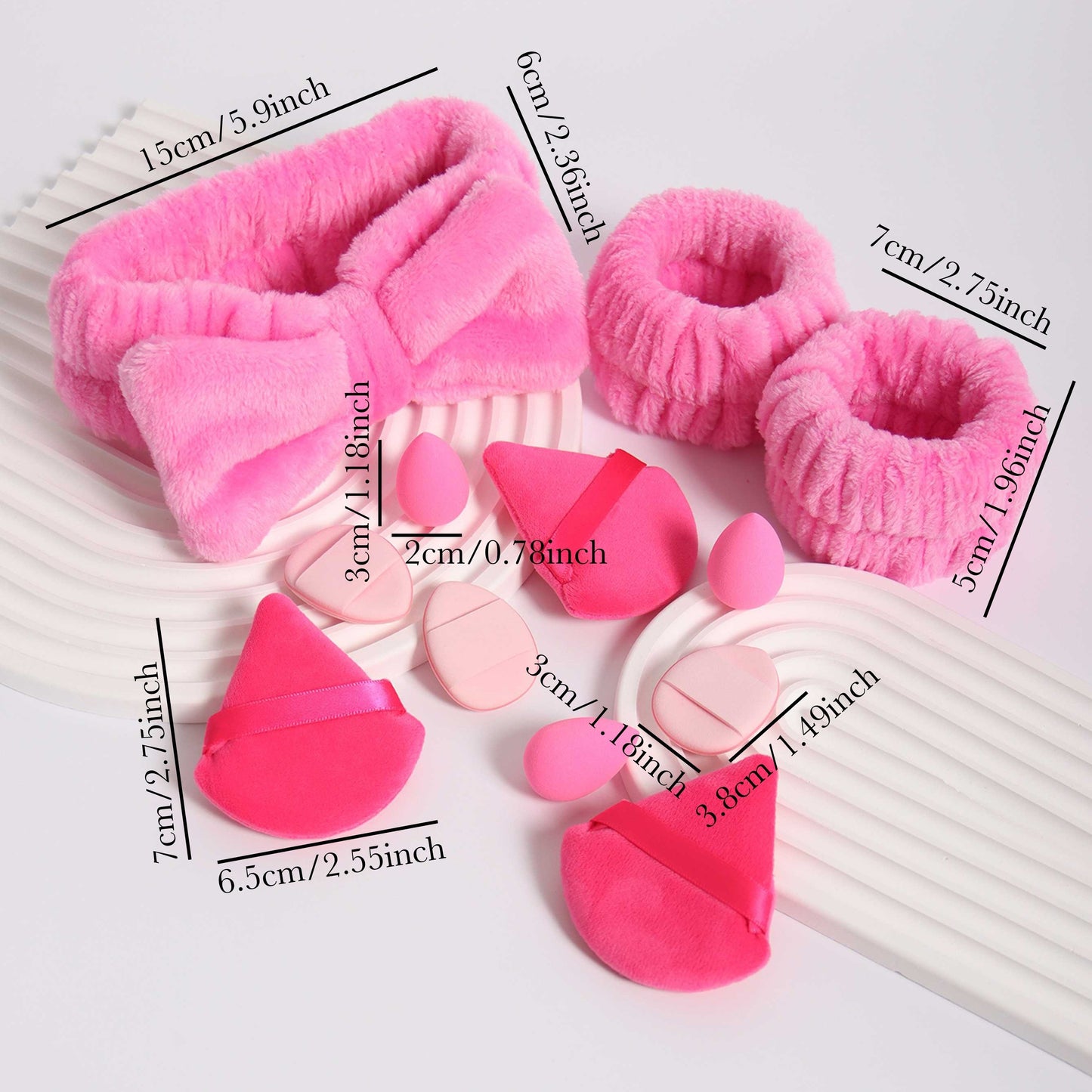 12pcs hair tie set. 1 bow hair tie & 2 wrist bands & 3 mini makeup sponges & 3 triangular loose powder puffs & 3 finger-shaped mini air cushion powder puffs. Foundation mixed beauty sponge, liquid, cream and powder flawless,