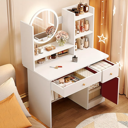Radiant Glamour Vanity Desk - LED Mirror with Touch Screen Lighting, 3 Customizable Modes, Adjustable Brightness, Complete with Drawers & Storage Shelves for Effortless Beauty Routine, Perfect Bedroom Dressing Table