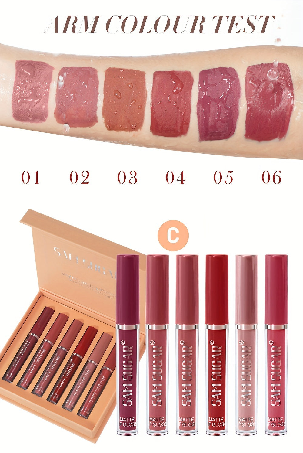 SAM SUGAR Matte Liquid Lipstick Set - Waterproof, Non-Stick Cup Long Lasting Lip Gloss Collection, 6 Shades of Orange, Pink, Red & Skin Tones - Perfect Gift for Mother's Day, Valentine's Day, Women's Beauty Essentials