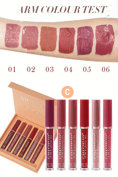 SAM SUGAR Matte Liquid Lipstick Set - Waterproof, Non-Stick Cup Long Lasting Lip Gloss Collection, 6 Shades of Orange, Pink, Red & Skin Tones - Perfect Gift for Mother's Day, Valentine's Day, Women's Beauty Essentials