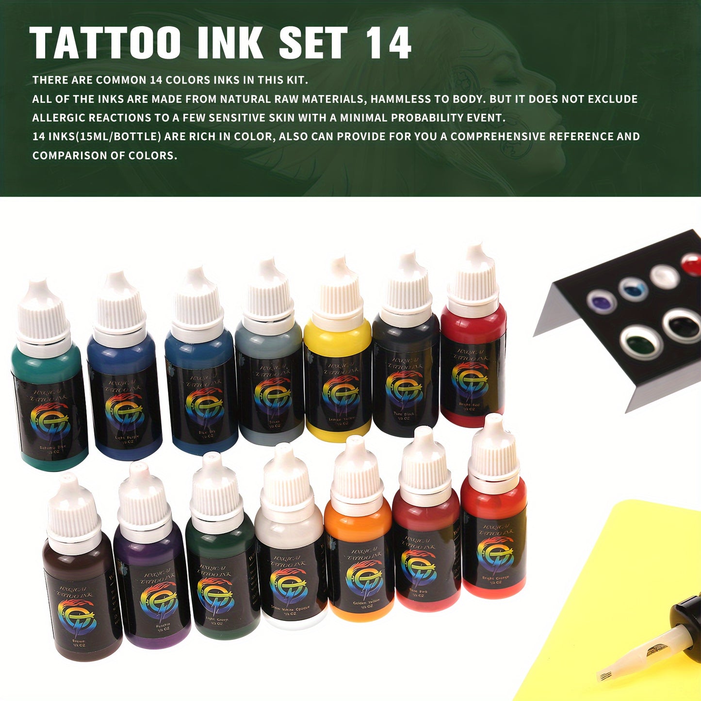 14 color ink set, 14 pigment ink 0.5 oz (about 14.2 grams)15 ml/bottle, suitable for 3D makeup beauty skin body art, pigment ink set for professionals and enthusiasts (14 colors, black, red, white, etc.)