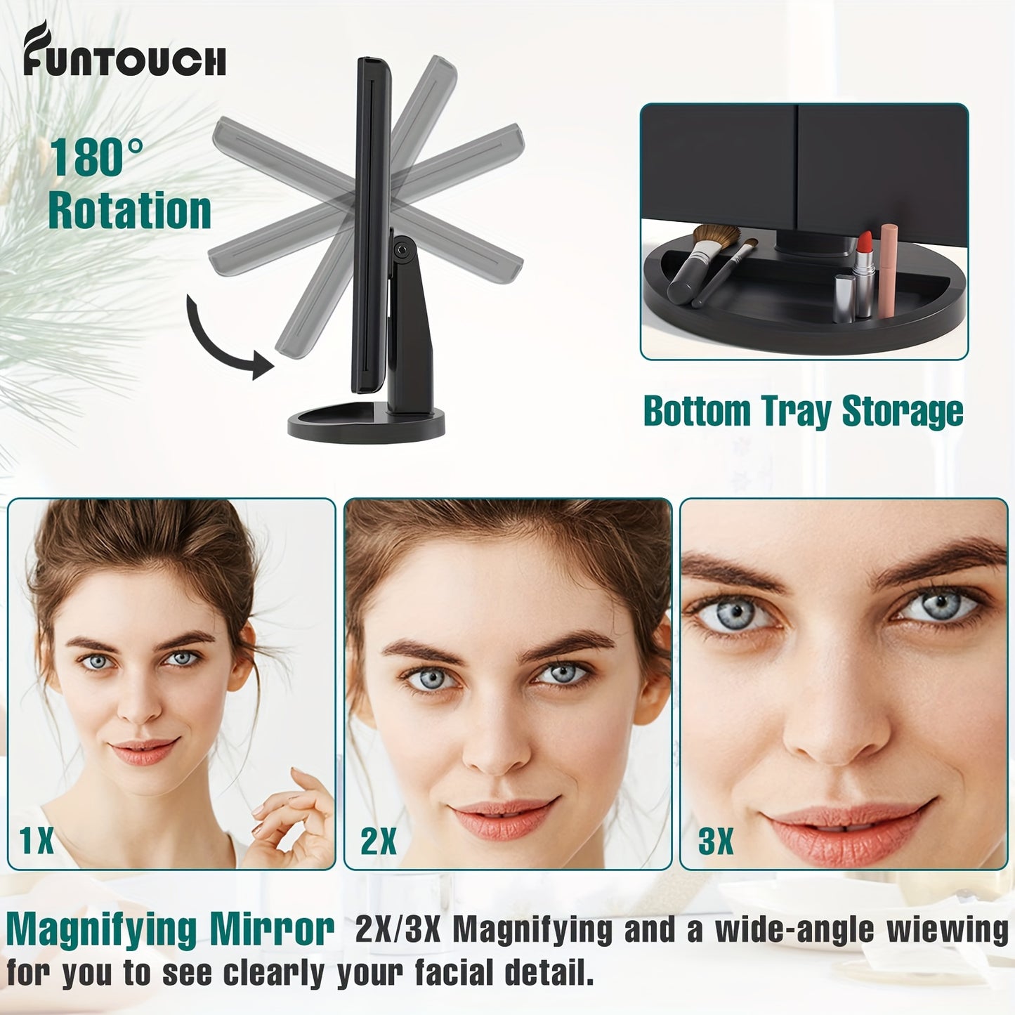 21 LED 2X/3X Magnification Trifold Vanity Makeup Mirror with Touch Dimming - 180° Rotation, Dual Power, Battery Powered, Wireless-Free - FUNTOUCH Lighted Beauty Table Mirror