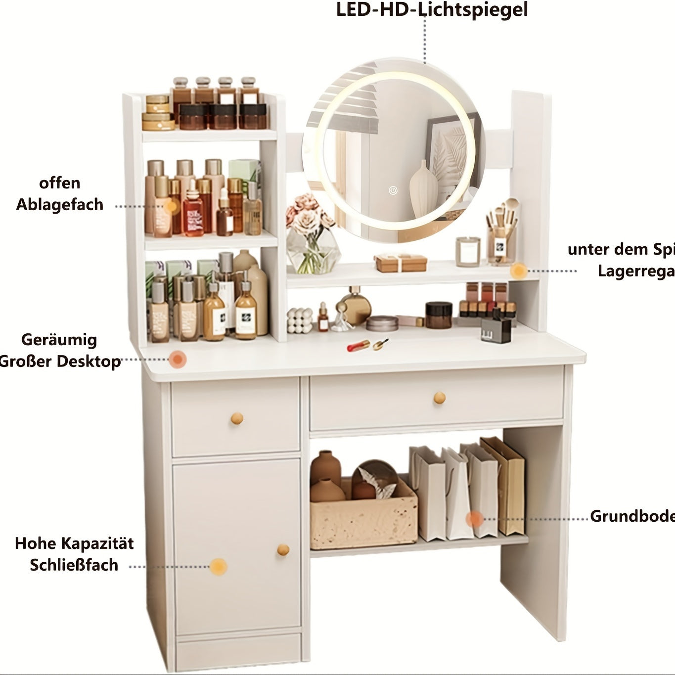 Radiant Glamour Vanity Desk - LED Mirror with Touch Screen Lighting, 3 Customizable Modes, Adjustable Brightness, Complete with Drawers & Storage Shelves for Effortless Beauty Routine, Perfect Bedroom Dressing Table