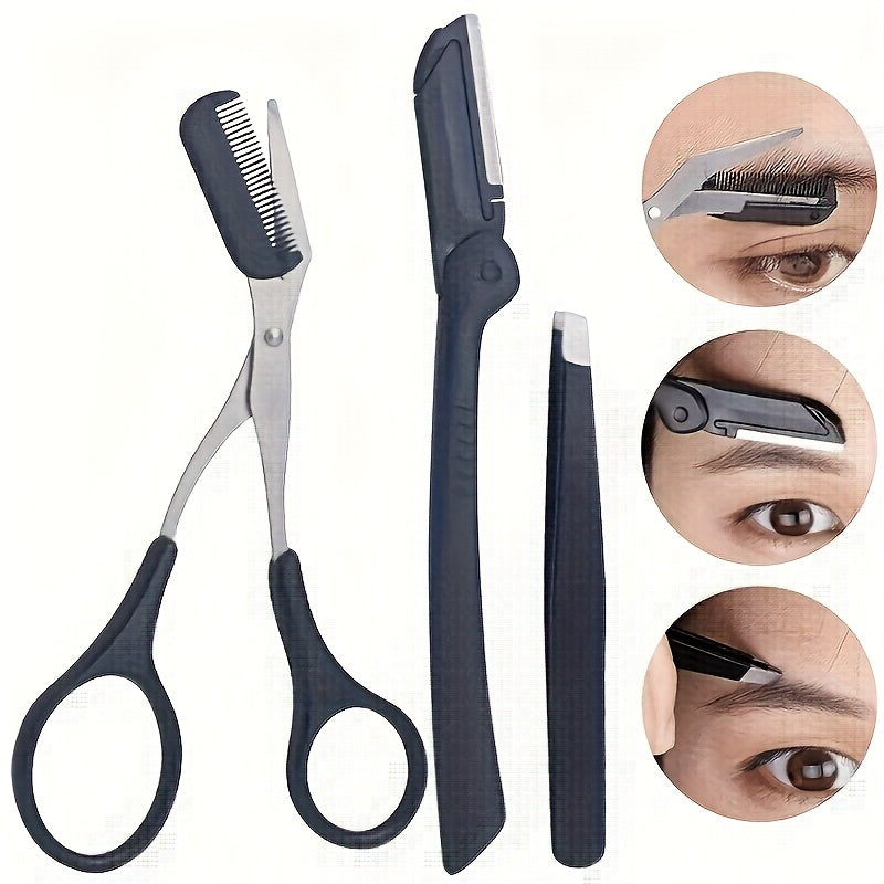 An extraordinary stainless steel eyebrow grooming set, including eyebrow trimmers, combs, tweezers and razors that can be used by both hands, a versatile beauty tool set suitable for both men and women, odorless facial exfoli