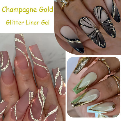 Full Beauty Sparkling Glitter Gel Nail Polish - Champagne Golden & Silvery, Waterproof, Odorless, UV-Cured Semi-Permanent Liner for French Manicures