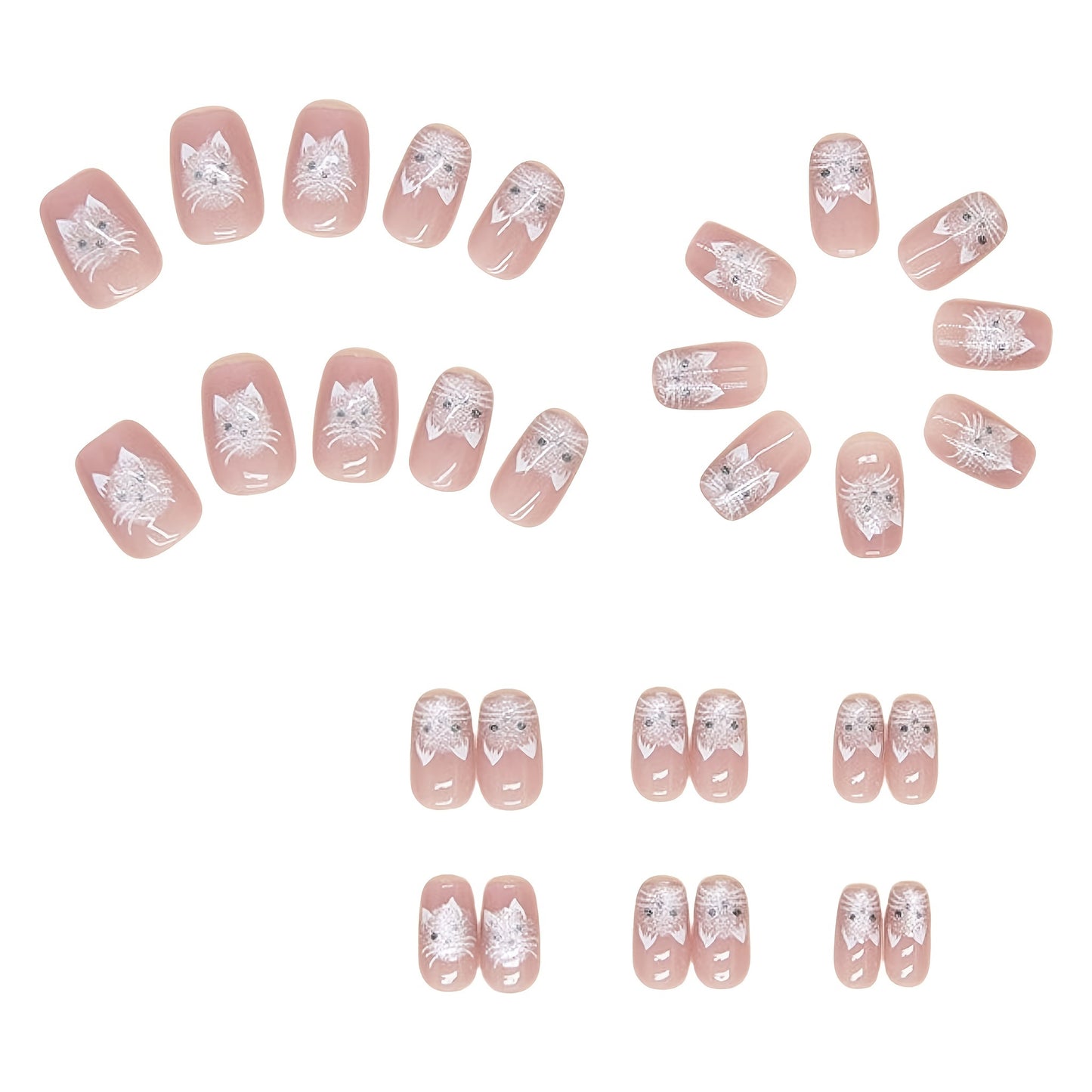 30pcs Glossy Cat Eye Press-On Nails - Cute Cat Face Design with Sparkling Accents, Short Ballet Shape Fake Nails for Hands & Feet, Pink Glossy Reusable Nail Art Stickers, Quick Beauty Fix