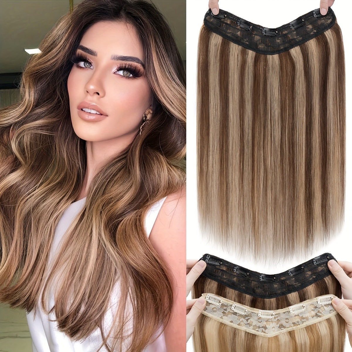 V-Shaped Real Remy Clip In Human Hair Extensions One Piece 3/4 Full Head Weft Straight Hair Human Hair With Seamless Weft Silky Straight For Women