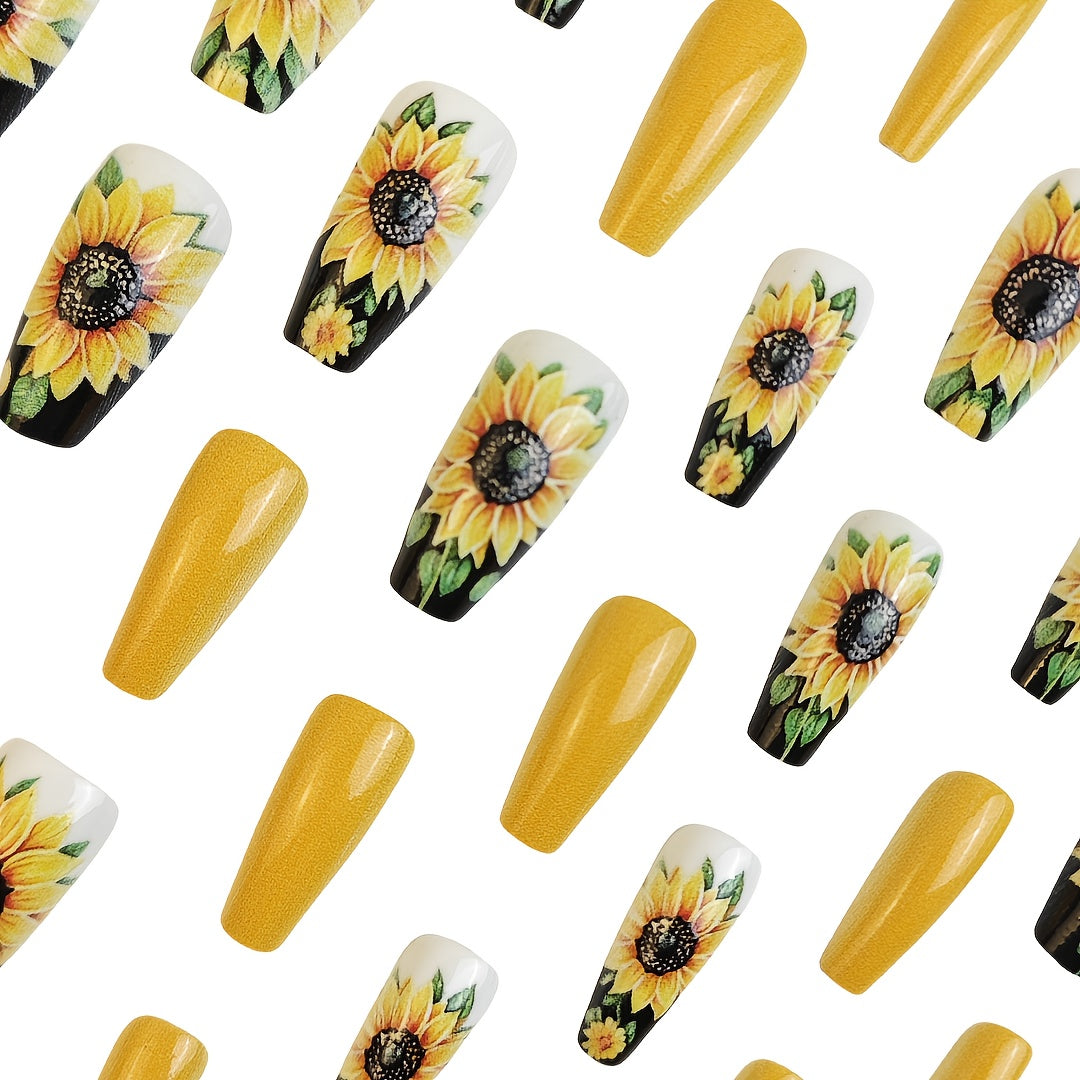 24pcs Lemon Yellow Sunflower Press-On Nails - Glossy Finish, Medium Length Ballet Style with Vibrant Floral Design, Easy Application Fake Nails for Women & s, Cute Nails, Beauty Accessories, Playful Nail Art, Durable Pressons