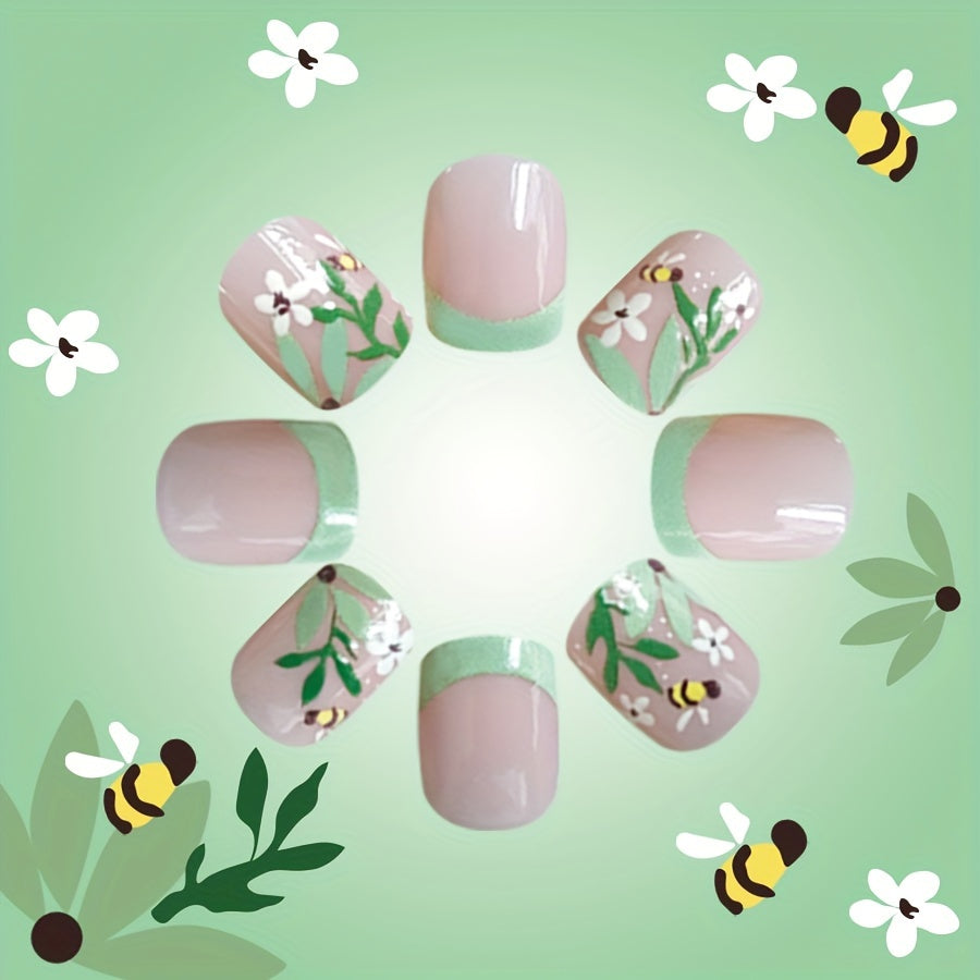 24pcs Mixed Color Glossy Short Square Press-On Nails - Floral Bee & Greenery Design, Removable False Nails for Manicure, Beauty & Personal Care