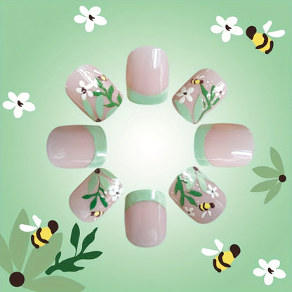 24pcs Mixed Color Glossy Short Square Press-On Nails - Floral Bee & Greenery Design, Removable False Nails for Manicure, Beauty & Personal Care