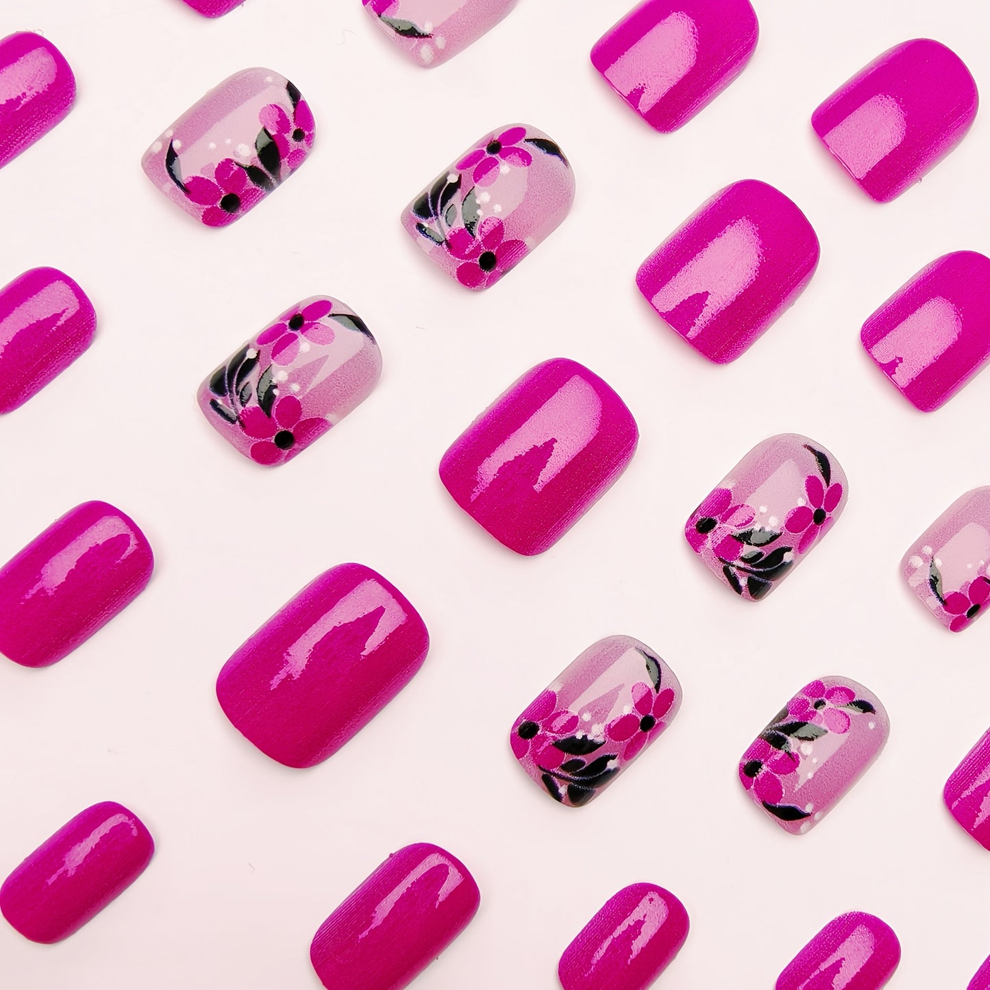 [Purple Press-On Nails] Glossy Purple & Pink Women's Press-On Nail Set - Short Square, Floral and Black Leaf Patterns, Easy to Apply, Durable Pressons, Beauty Accessories|Spring Summer Nails|Nail Accessories