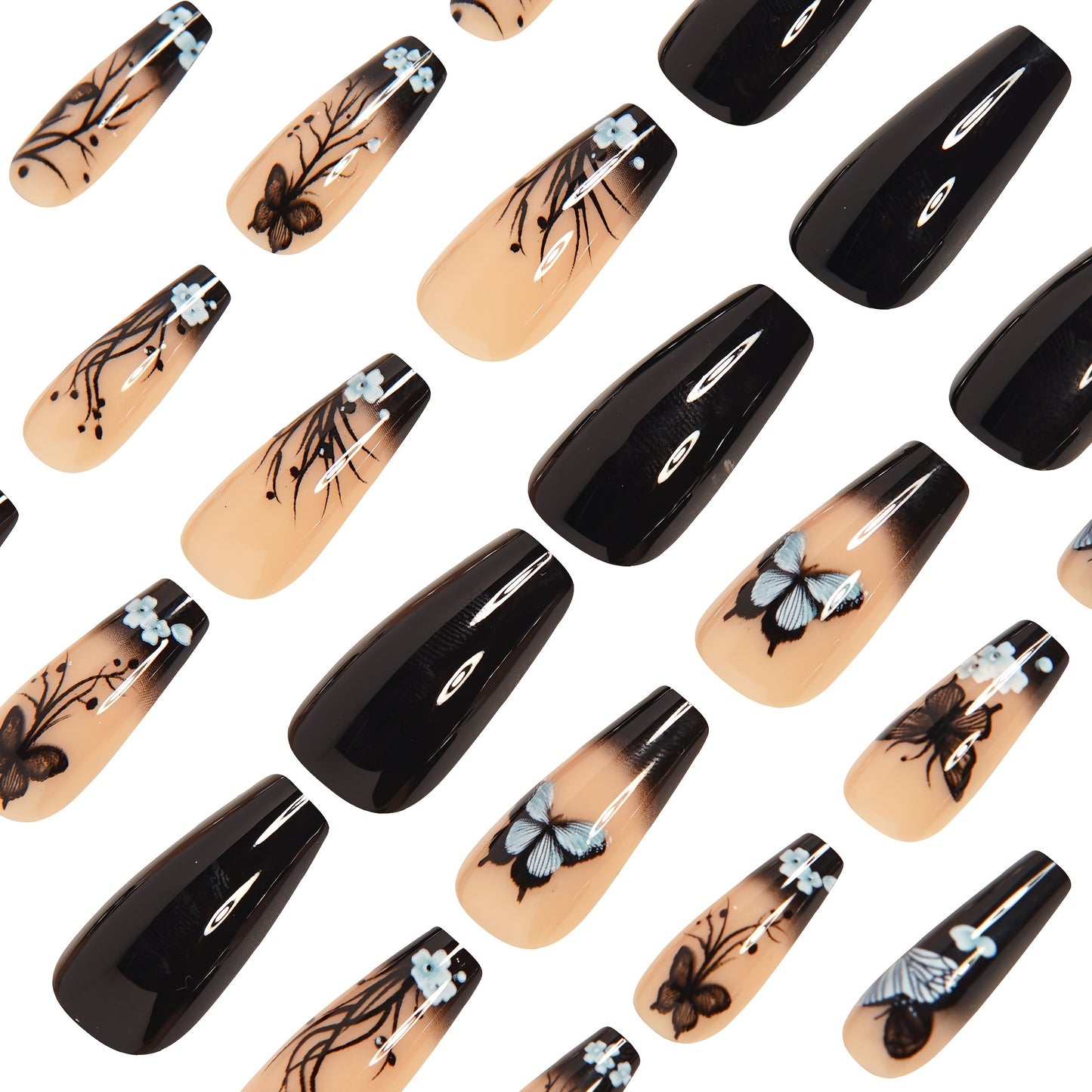 Show Your Beauty 24pcs Medium Ballet Nails Classic Retro Black Gradient Trees Flowers Butterflies Glossy French False Nails Fashionable and Versatile Wearable Nails Suitable for Women and Girls Daily Wear Removable Press-on N