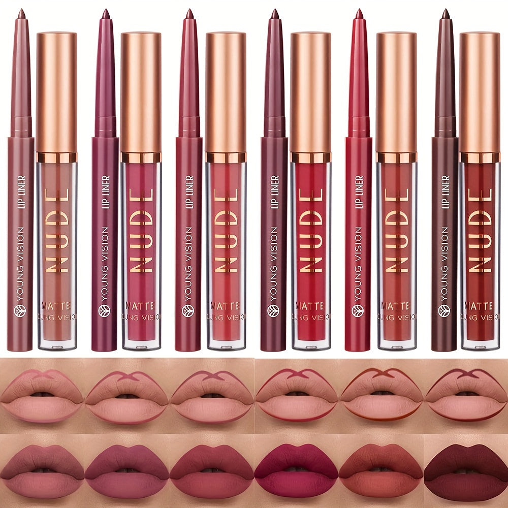 6 PCS Matte Liquid Lipstick With 6 PCS Lip Liner Set, Long-Lasting Non-Stick Cup, Waterproof High-Pigment Velvet Finish, Lightweight Nude Lip Gloss Kit, Perfect For Fuller Lips And All-Day Wear, Beauty Gift For Girls And Wome