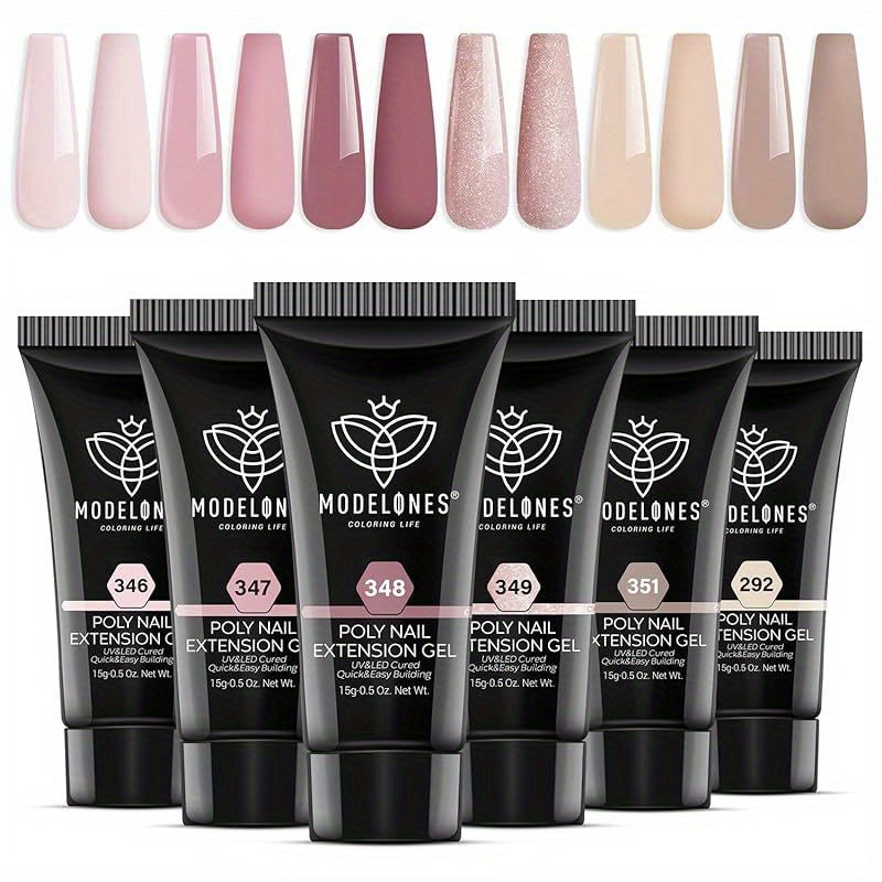 modelones Poly Nail Gel Set, 6 Colors Nude Pink Skin Tones Neutral Glitter Poly Extension Gel Nail Enhancement Set Builder Nail Gel Khaki Brown DIY Manicure Design Nail Art Home Salon Beauty Gift