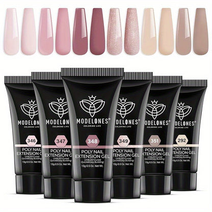 modelones Poly Nail Gel Set, 6 Colors Nude Pink Skin Tones Neutral Glitter Poly Extension Gel Nail Enhancement Set Builder Nail Gel Khaki Brown DIY Manicure Design Nail Art Home Salon Beauty Gift