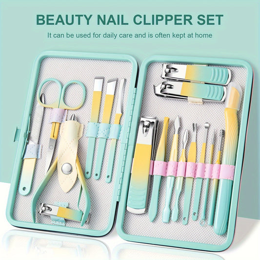 18 In 1 Nail Art Set, Nail Clipper Set, Men'S and Women'S Toe Nail Clippers, Personal Care Tools with Portable Travel Case, Nail and Foot Tools, Beauty Set, Gift for Men, Women, Family, Friends, Wife (Gradient Color)