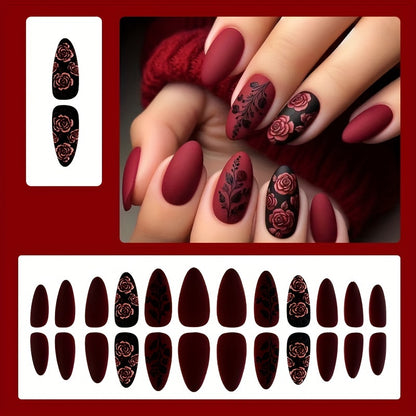 24pcs Press-On Nail Set, Medium Length Almond Shape, Matte Red with Black Floral Relief, Elegant False Nails with Jelly Glue and Nail File, Beauty & Personal Care, Nail Art Accessories