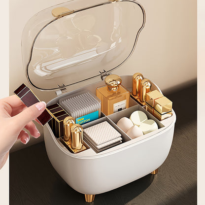 1pc Cosmetic Organizer with Transparent Lid - Makeup Vanity Storage Box, Lipstick, Perfume, Nail Polish, Brushes - Compact Bathroom & Desk Organizer with Open Compartments - Durable Plastic Construction - Space-Saving Vanity
