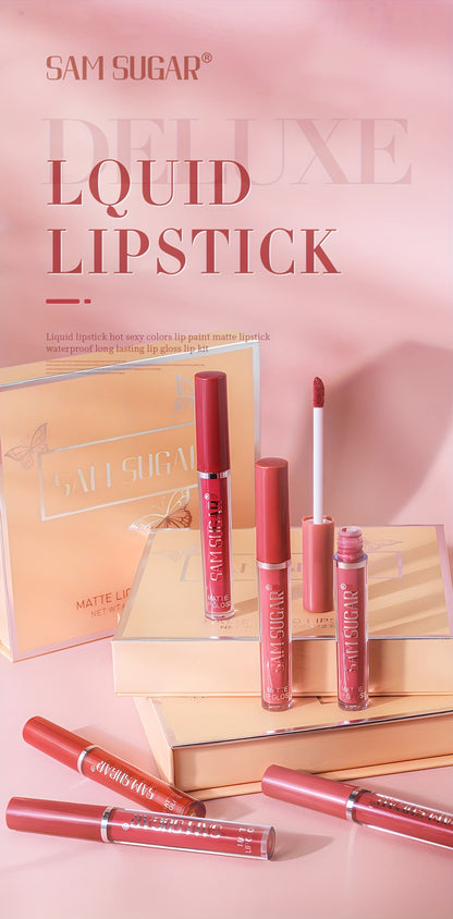 SAM SUGAR Matte Liquid Lipstick Set - Waterproof, Non-Stick Cup Long Lasting Lip Gloss Collection, 6 Shades of Orange, Pink, Red & Skin Tones - Perfect Gift for Mother's Day, Valentine's Day, Women's Beauty Essentials