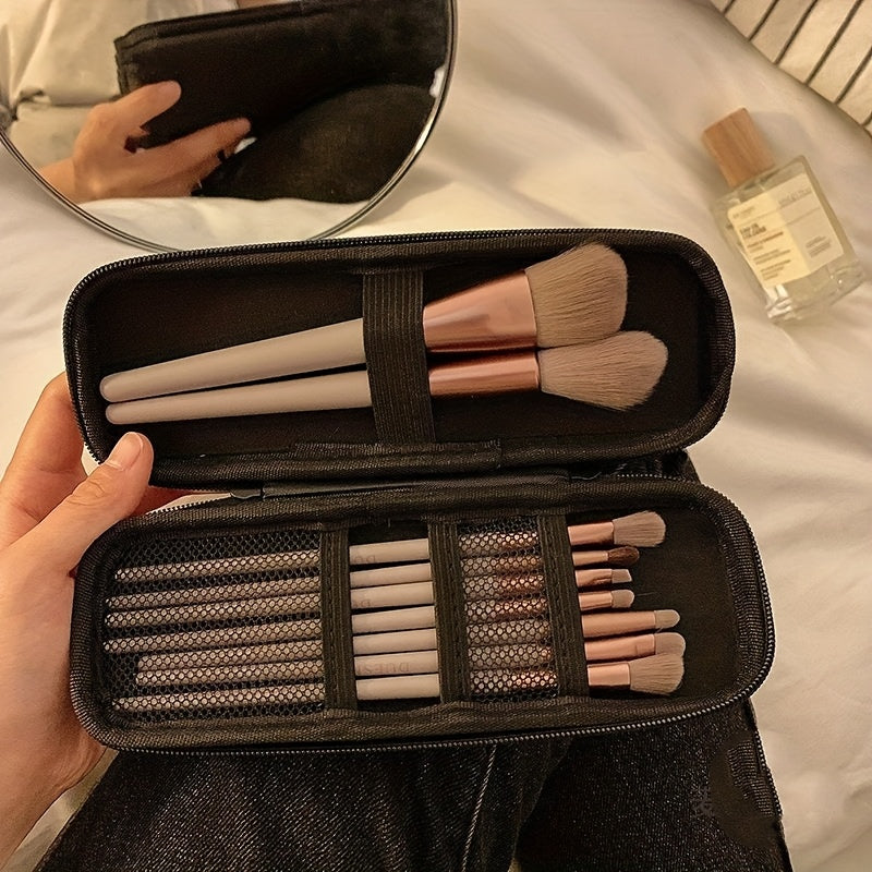 Large Capacity Travel Makeup Brush Organizer Bag - Waterproof PU, Dust-Proof Storage for Eye Shadow & Beauty Tools, Black, Easy to Clean, Portable Design with Multiple Compartments