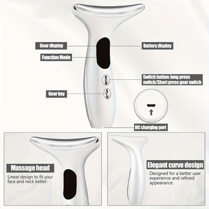 3-Color LED Facial and Neck Beauty Care Device, Multi-Mode Face and Neck Massager, USB Rechargeable Anti-Wrinkle & Anti-Aging Skin Tightening for Women, Perfect Valentine's Gift, Unscented, 4-12V, Lithium Battery