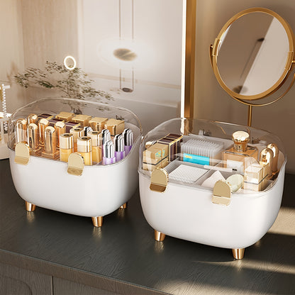 1pc Cosmetic Organizer with Transparent Lid - Makeup Vanity Storage Box, Lipstick, Perfume, Nail Polish, Brushes - Compact Bathroom & Desk Organizer with Open Compartments - Durable Plastic Construction - Space-Saving Vanity
