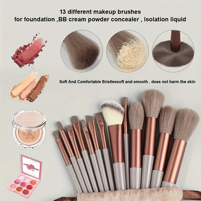 13-Piece Makeup Brush Set, Soft Fluffy Synthetic Bristles, For Foundation, Powder, Eyeshadow, Kabuki & Cosmetic Blending, Includes Beauty Sponge