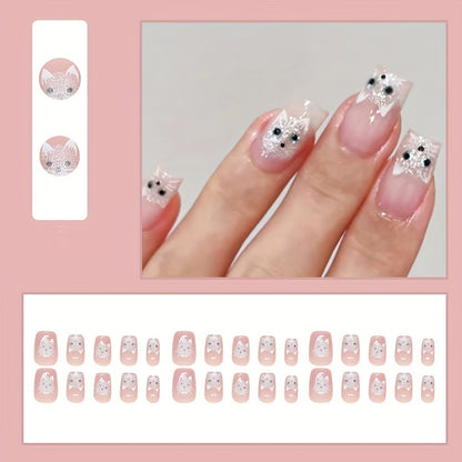 30pcs Glossy Cat Eye Press-On Nails - Cute Cat Face Design with Sparkling Accents, Short Ballet Shape Fake Nails for Hands & Feet, Pink Glossy Reusable Nail Art Stickers, Quick Beauty Fix