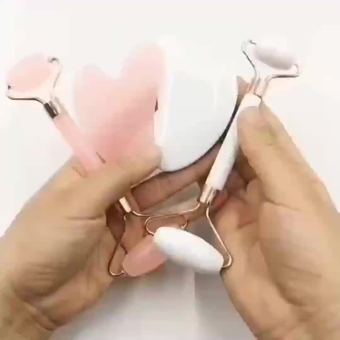 Heart Shaped Pink Quartz Facial Roller Set, Double Ended Hand Massage Tool, Unscented, Unpowered, Battery Free, For Face, Eyes And Body, Beauty And Gua Sha Massage Combo Set
