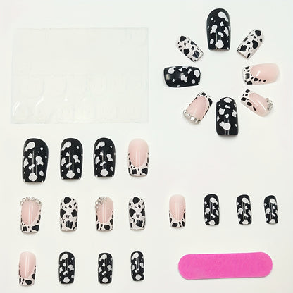 24pcs Mixed Color Cow Print Press-On Nails with Rhinestones, Square Shape, Medium Length, Glossy Finish, with Jelly Glue and Nail File, Animal & Sparkle Design, Beauty & Personal Care, Manicure Set