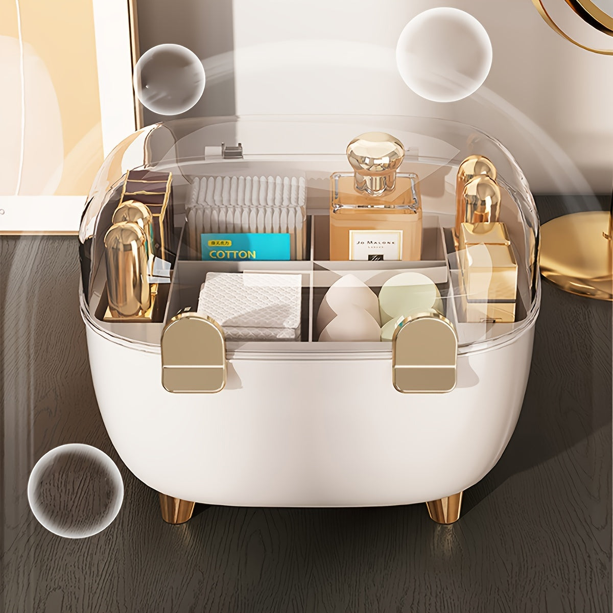 1pc Cosmetic Organizer with Transparent Lid - Makeup Vanity Storage Box, Lipstick, Perfume, Nail Polish, Brushes - Compact Bathroom & Desk Organizer with Open Compartments - Durable Plastic Construction - Space-Saving Vanity