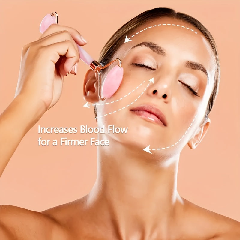 Heart Shaped Pink Quartz Facial Roller Set, Double Ended Hand Massage Tool, Unscented, Unpowered, Battery Free, For Face, Eyes And Body, Beauty And Gua Sha Massage Combo Set