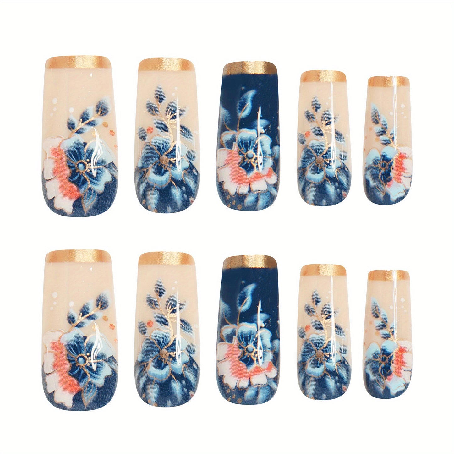 Enhance your beauty with 24pcs medium-length elegant blue gradient floral line dot Golden edge French glossy white fake nails, a versatile press-on nail set suitable for women and s' daily wear in spring and summer. Includes