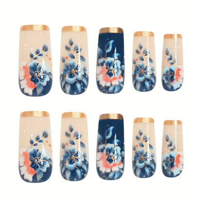 Enhance your beauty with 24pcs medium-length elegant blue gradient floral line dot Golden edge French glossy white fake nails, a versatile press-on nail set suitable for women and s' daily wear in spring and summer. Includes