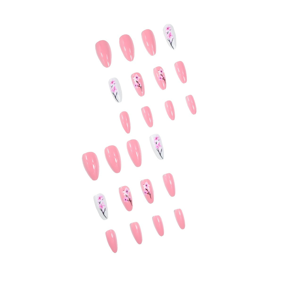 24pcs Press-On Nails Set, Almond Shape, Pink Fresh Floral Design, Long Length, Glossy Finish, Fake Nails with 1 Nail File & 1 Jelly Glue, Nail Art for Beauty & Personal Care