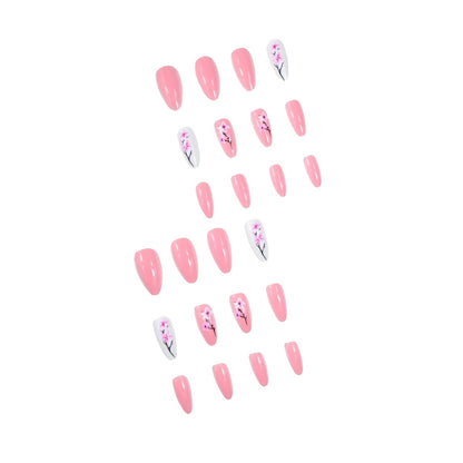 24pcs Press-On Nails Set, Almond Shape, Pink Fresh Floral Design, Long Length, Glossy Finish, Fake Nails with 1 Nail File & 1 Jelly Glue, Nail Art for Beauty & Personal Care