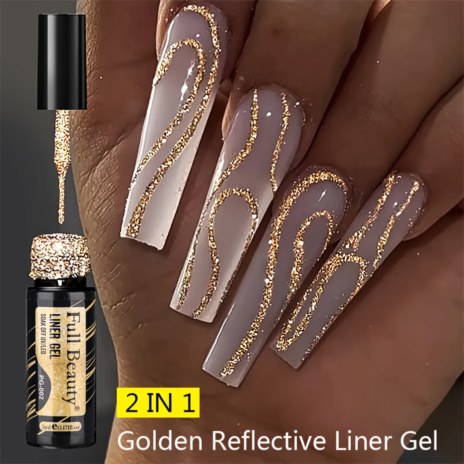 Full Beauty Sparkling Glitter Gel Nail Polish - Champagne Golden & Silvery, Waterproof, Odorless, UV-Cured Semi-Permanent Liner for French Manicures