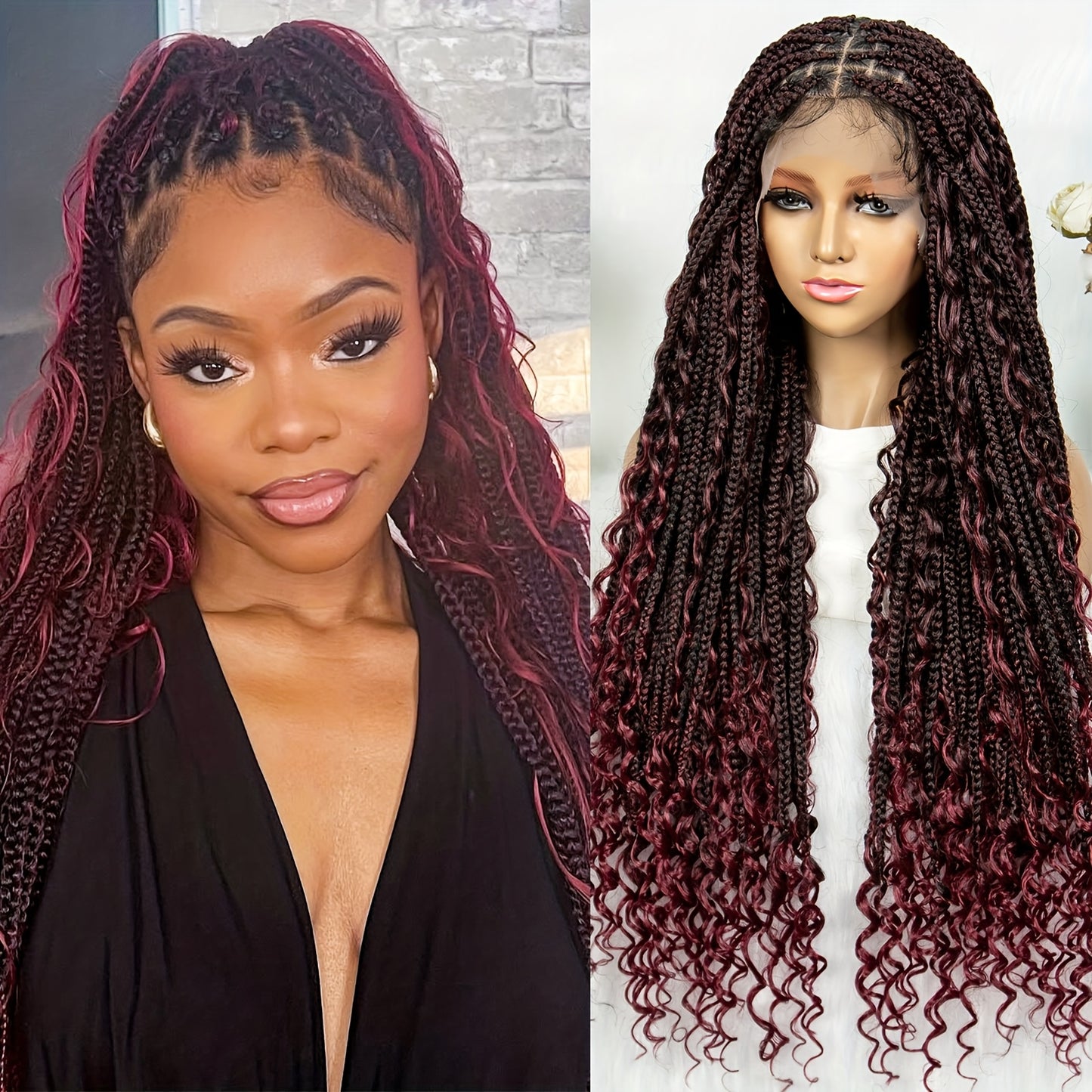 Brisky Beauty Women's Bohemian Knotless Braided Full Lace Wig, Long Goddess Braided Wig, Curly Synthetic Braid, With Baby Hair, Synthetic Bohemian Braided Wig