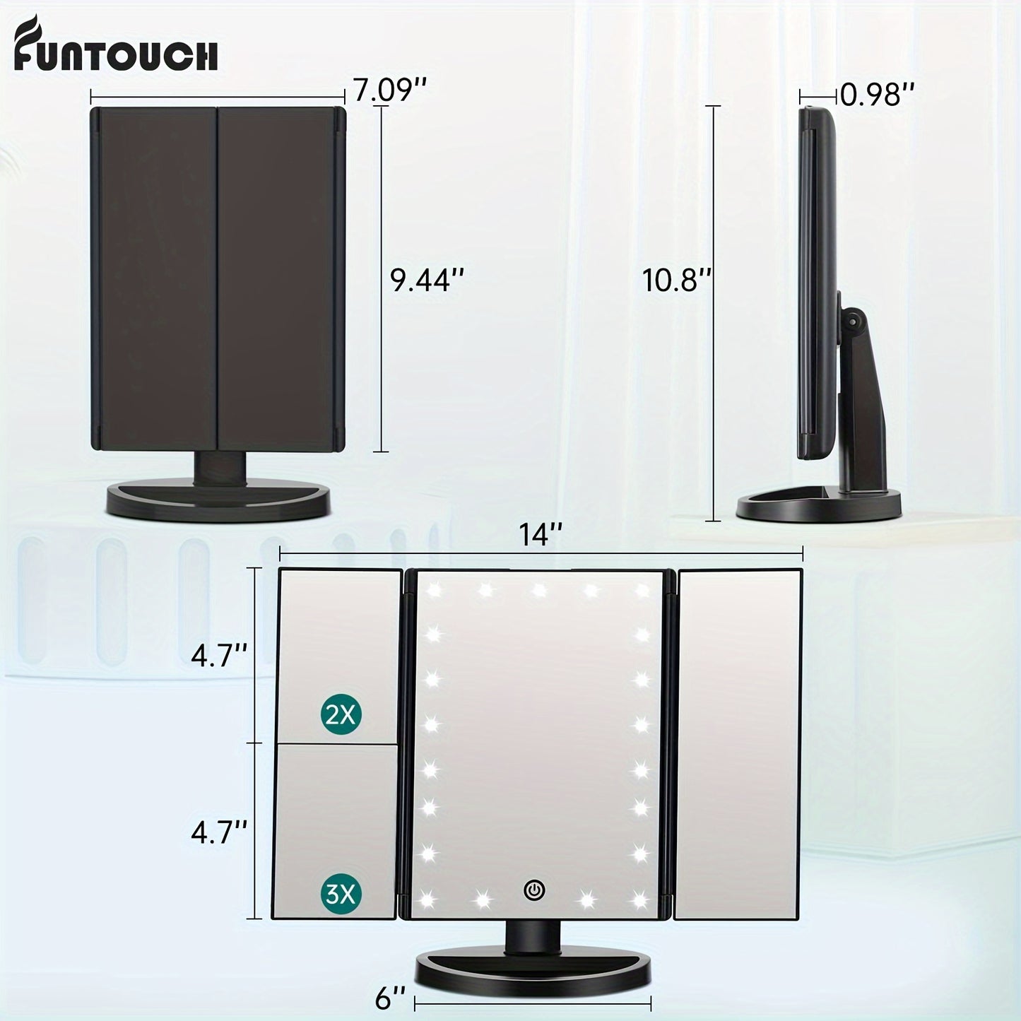 21 LED 2X/3X Magnification Trifold Vanity Makeup Mirror with Touch Dimming - 180° Rotation, Dual Power, Battery Powered, Wireless-Free - FUNTOUCH Lighted Beauty Table Mirror