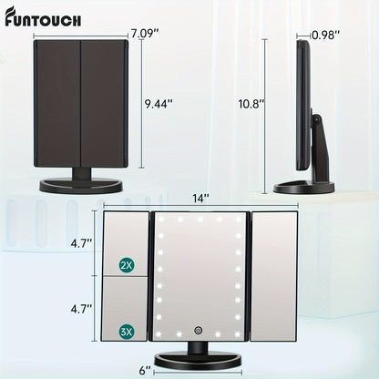 21 LED 2X/3X Magnification Trifold Vanity Makeup Mirror with Touch Dimming - 180° Rotation, Dual Power, Battery Powered, Wireless-Free - FUNTOUCH Lighted Beauty Table Mirror