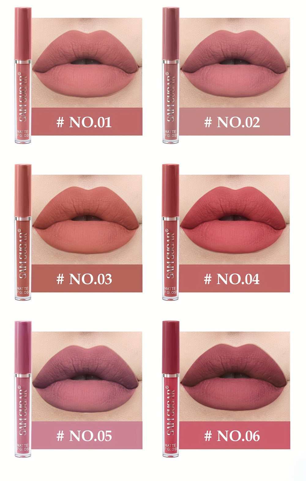 SAM SUGAR Matte Liquid Lipstick Set - Waterproof, Non-Stick Cup Long Lasting Lip Gloss Collection, 6 Shades of Orange, Pink, Red & Skin Tones - Perfect Gift for Mother's Day, Valentine's Day, Women's Beauty Essentials