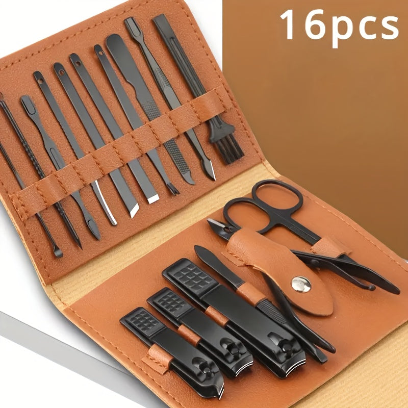16pcs Stainless Steel Manicure and Pedicure Kit - Professional Nail Care Set with Straight Edge Nail Clippers, Nail File, Ear Pick, Scissors - Unscented, Modern Style, Includes Storage Case for Travel and Beauty Treatments